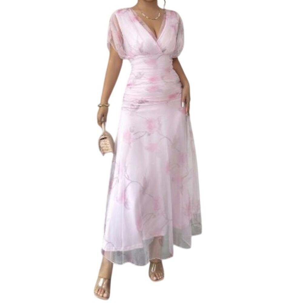 Shein Blush Pink Peony Floral Mesh Midi Dress Medium (6)
